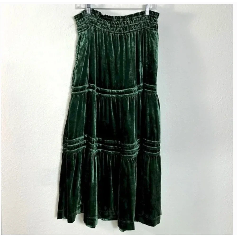 Anthropologie Velvet Tiered Skirt SMALLGreen Whimsigoth Holiday Boho Pockets - Picture 5 of 8